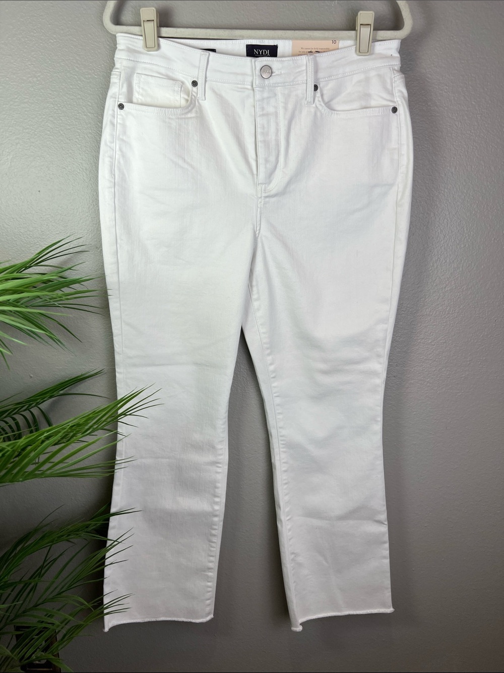 NYDJ Crisp Optic White Denim Jeans Bootcut Slim Ankle Fray